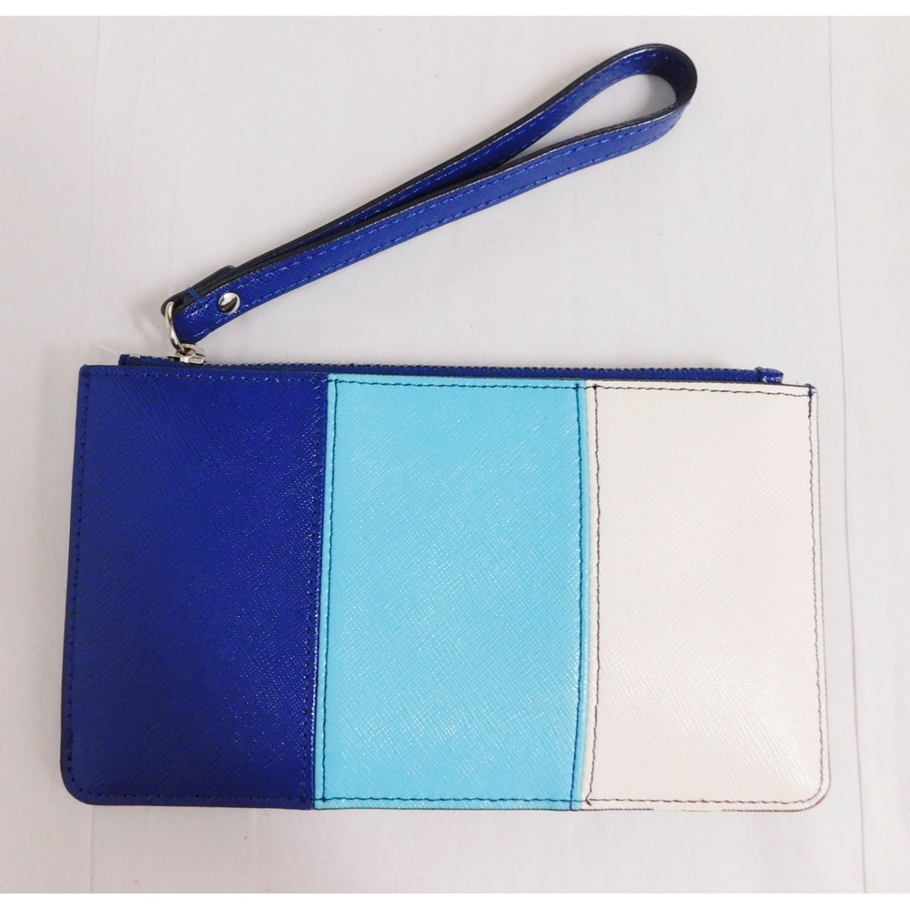 New‎ Halogen Blue White Color Block Leather Zip Wristlet Wallet NWT